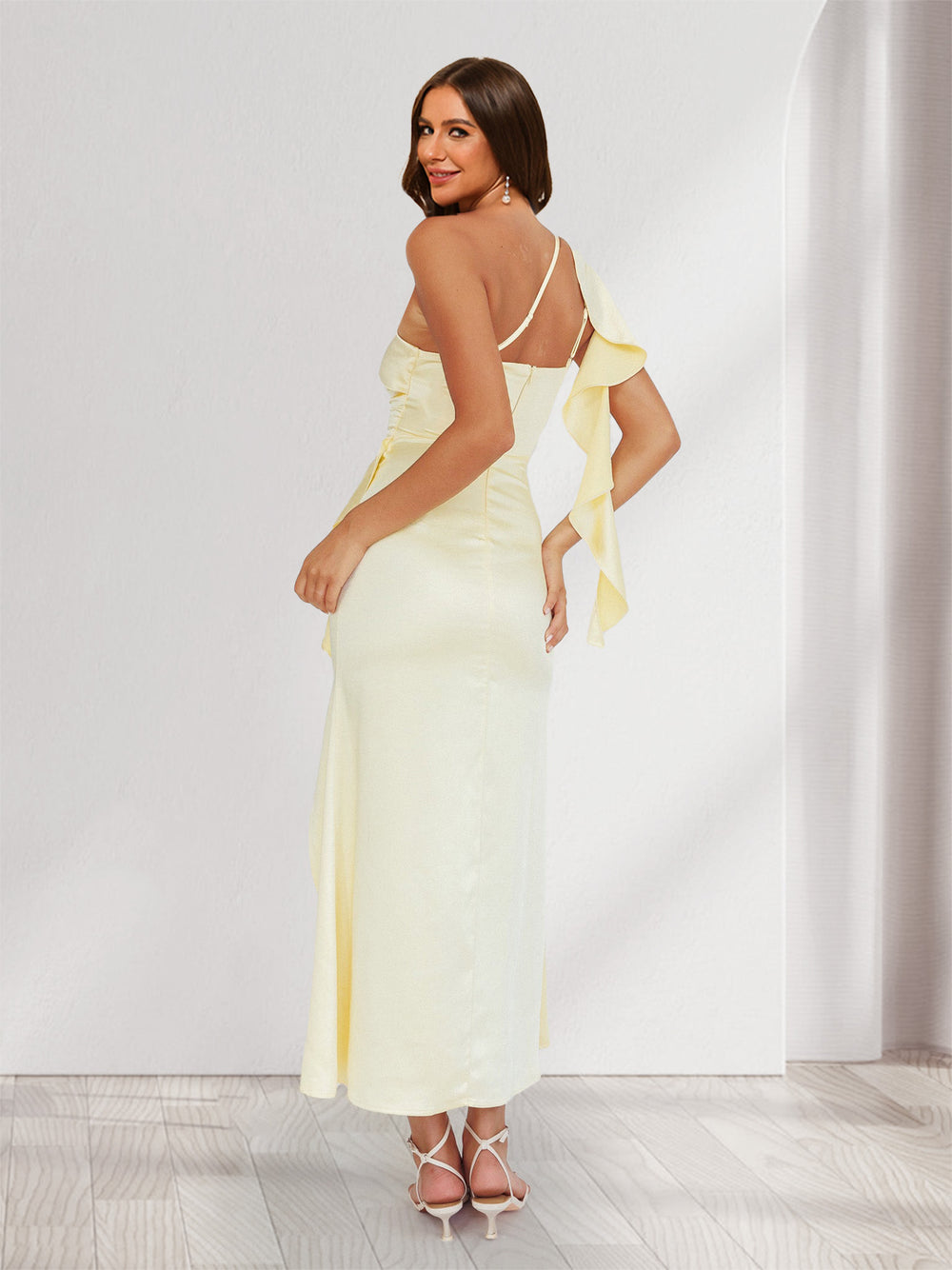 Sheath/Column One-Shoulder Ruffle Maxi Dresses Long Bridesmaid Dresses with Slit