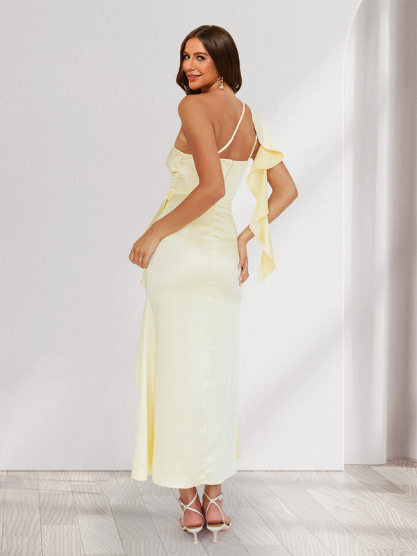 Sheath/Column One-Shoulder Ruffle Maxi Dresses Long Bridesmaid Dresses with Slit