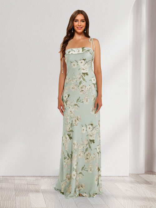 Sheath/Column Tie Straps Sleeveless Printed Floral Bridesmaid Dresses with Split Side