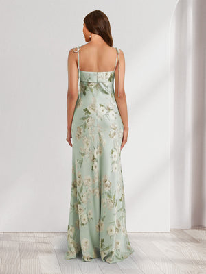 Sheath/Column Tie Straps Sleeveless Printed Floral Bridesmaid Dresses with Split Side