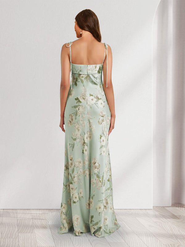 Sheath/Column Tie Straps Sleeveless Printed Floral Bridesmaid Dresses with Split Side