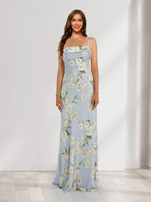 Sheath/Column Tie Straps Sleeveless Printed Floral Bridesmaid Dresses with Split Side