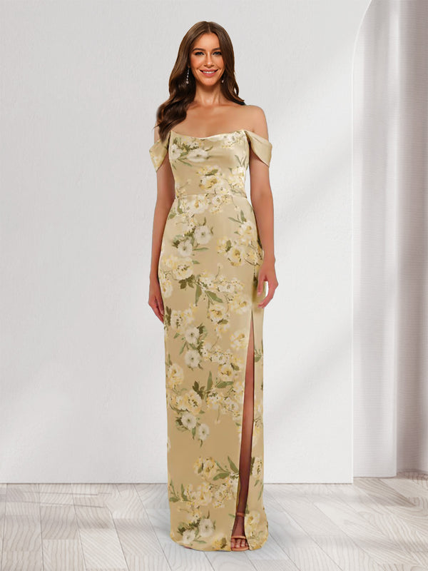 Bridesmaid Dresses Chic Women's Printed Floral Sheath/Column Off-the-Shoulder Sleeveless Long Formal Wedding Party Gowns with Split Side