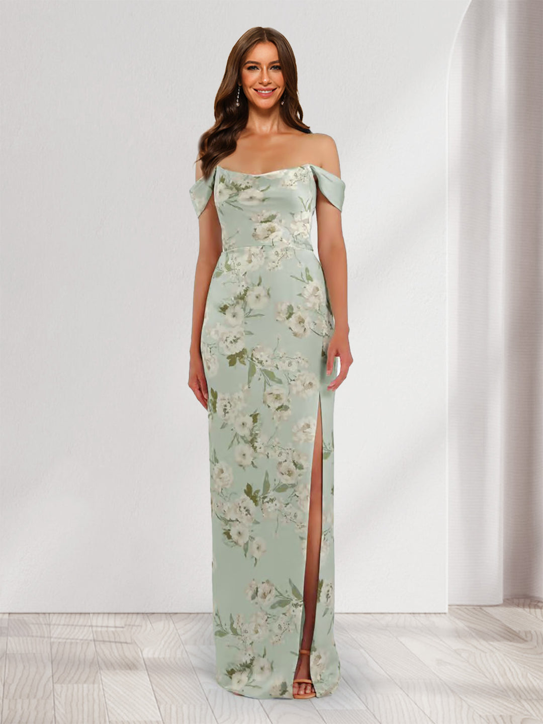 Sheath/Column Off-the-Shoulder Printed Floral Bridesmaid Dresses with Split Side