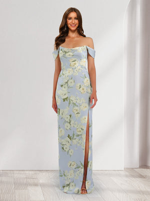 Sheath/Column Off-the-Shoulder Printed Floral Bridesmaid Dresses with Split Side