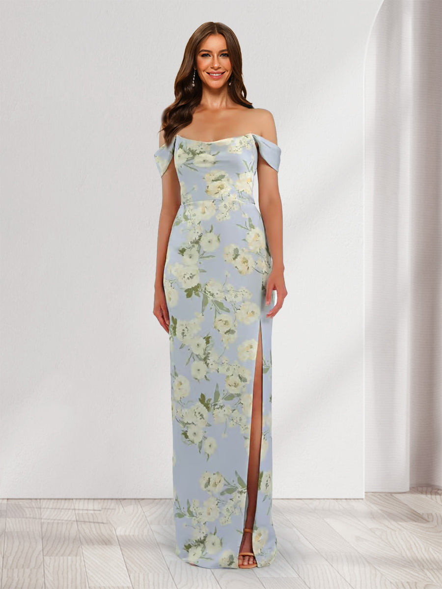 Sheath/Column Off-the-Shoulder Printed Floral Bridesmaid Dresses with Split Side
