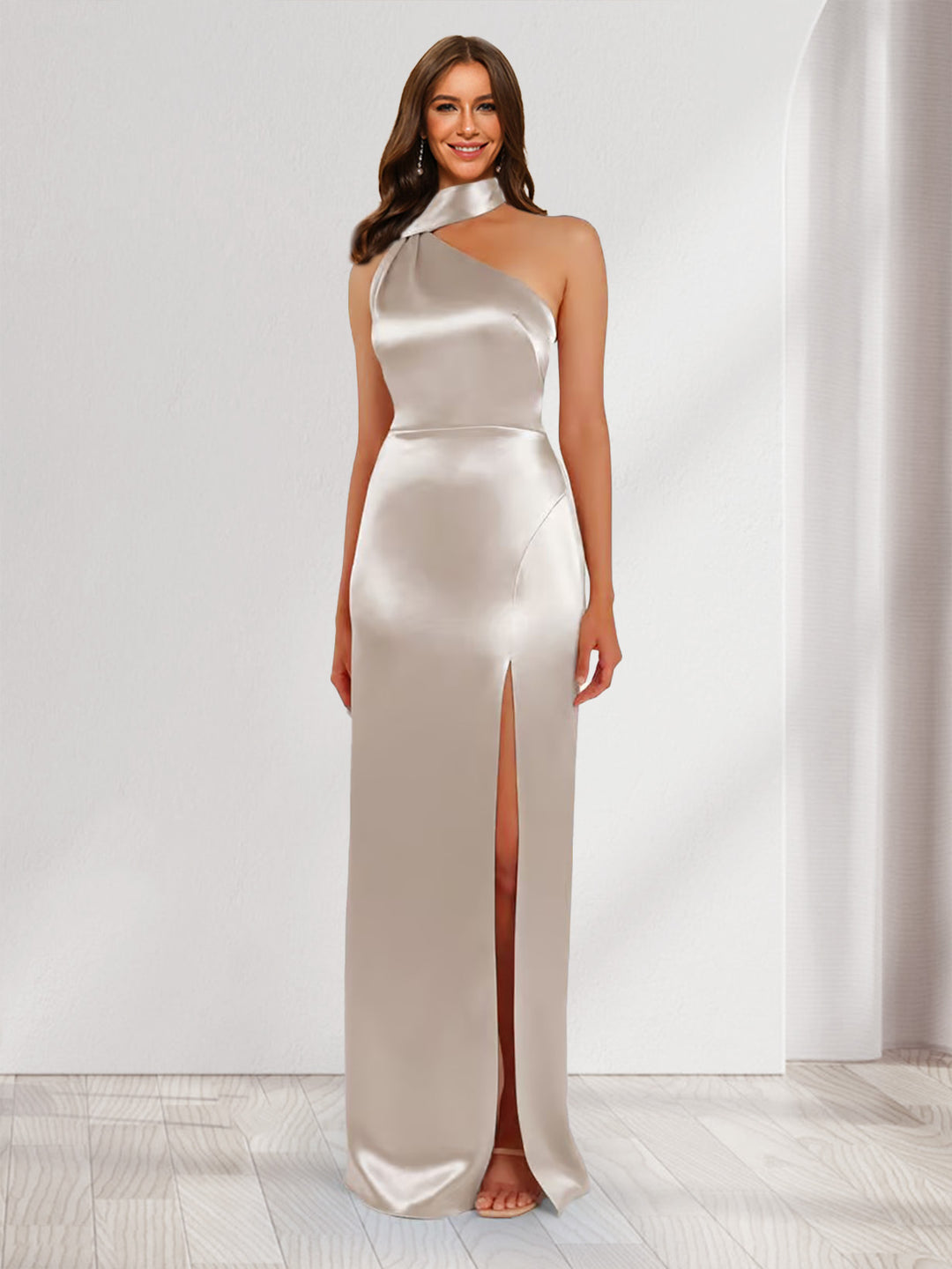 Silk Satin Bridesmaid Dresses 2026 Women's Halter Sheath/Column Sleeveless Floor-Length Formal Evening Gowns with Split Side