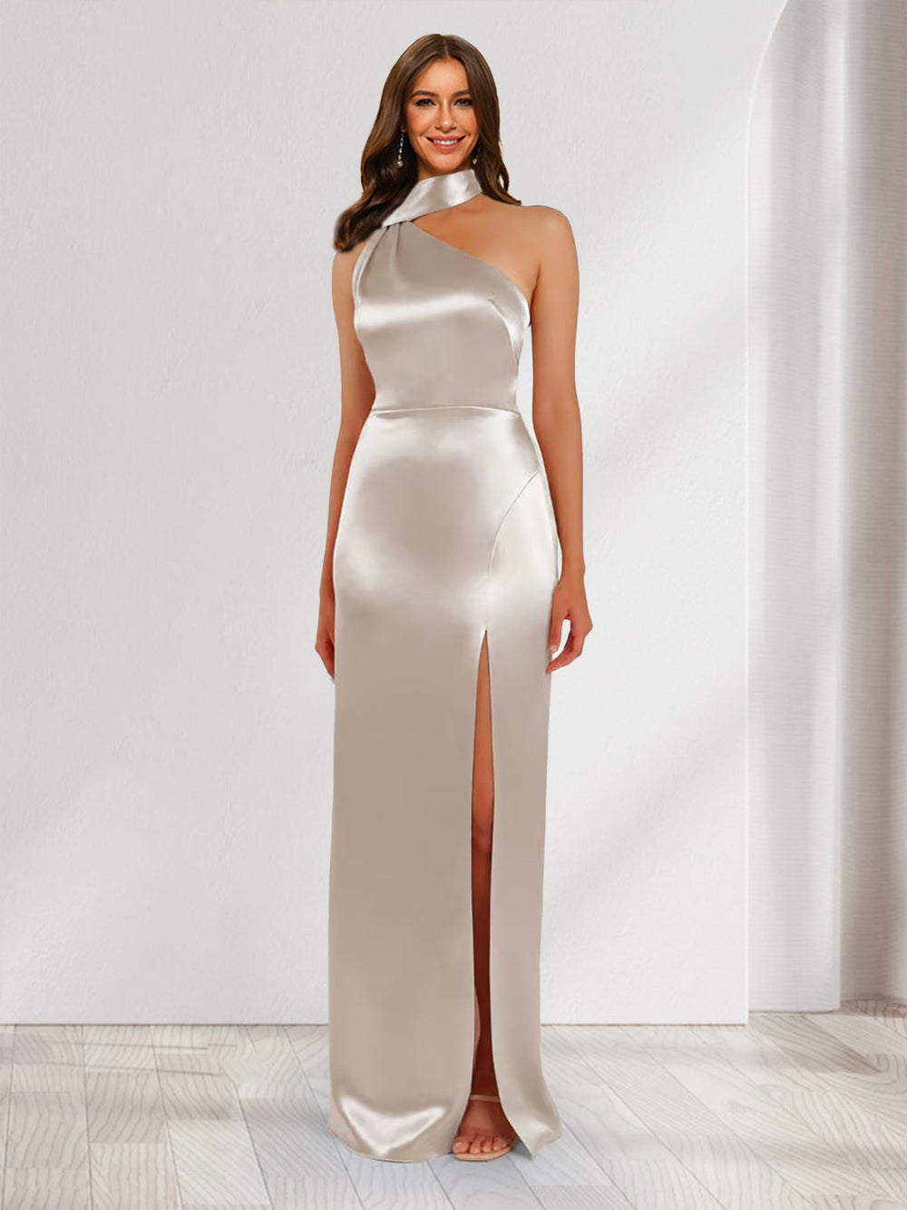 Sheath/Column Halter Maxi Dresses Long Bridesmaid Dresses with Neck Scarf