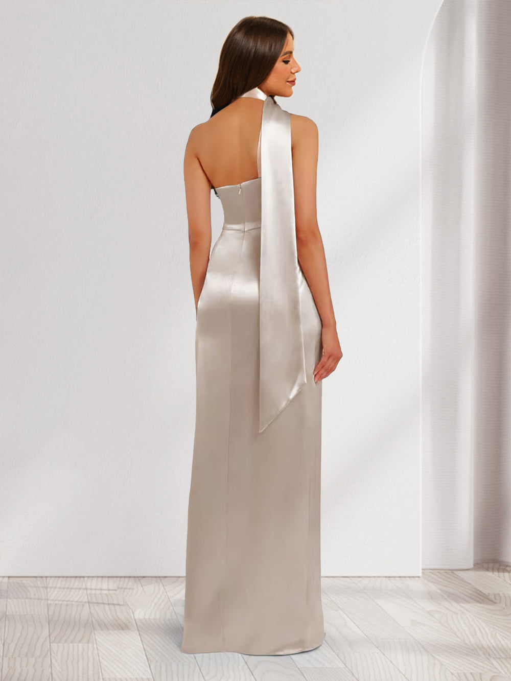 Sheath/Column Halter Maxi Dresses Long Bridesmaid Dresses with Neck Scarf