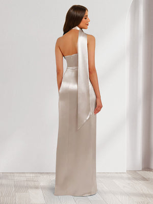 Sheath/Column Halter Maxi Dresses Long Bridesmaid Dresses with Neck Scarf