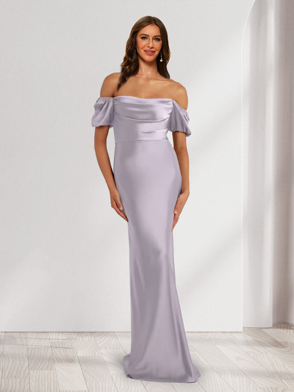 Sheath/Column Strapless Puff Sleeves Pleated Maxi Dresses Long Bridesmaid Dresses