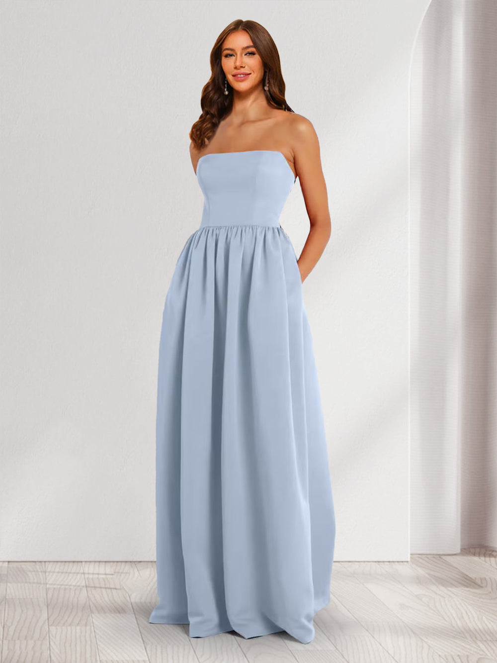 A-Line/Princess Strtapless Maxi Dresses Long Bridesmaid Dresses with Pockets