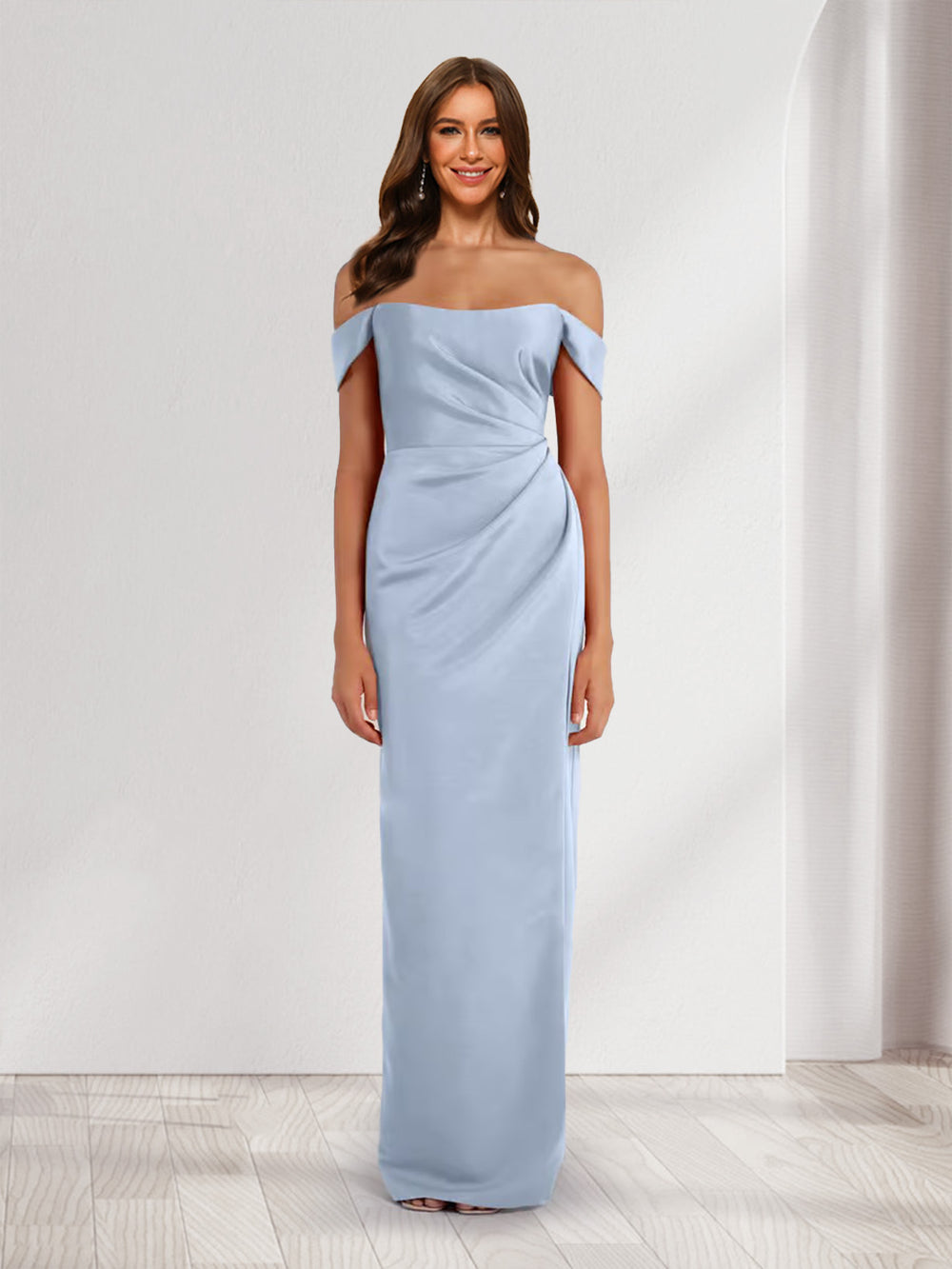 Sheath/Column Off-the-Shoulder Pleated Maxi Dresses Long Bridesmaid Dresses with Slit