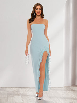 Sheath/Column Strapless Ruffle Slit Maxi Dresses Long Bridesmaid Dresses