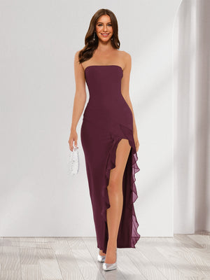 Sheath/Column Strapless Ruffle Slit Maxi Dresses Long Bridesmaid Dresses
