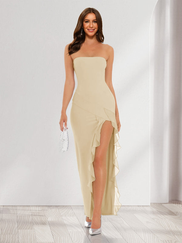Sheath/Column Strapless Ruffle Slit Maxi Dresses Long Bridesmaid Dresses