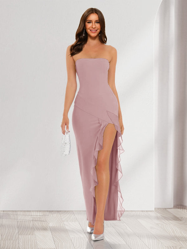 Sheath/Column Strapless Ruffle Slit Maxi Dresses Long Bridesmaid Dresses