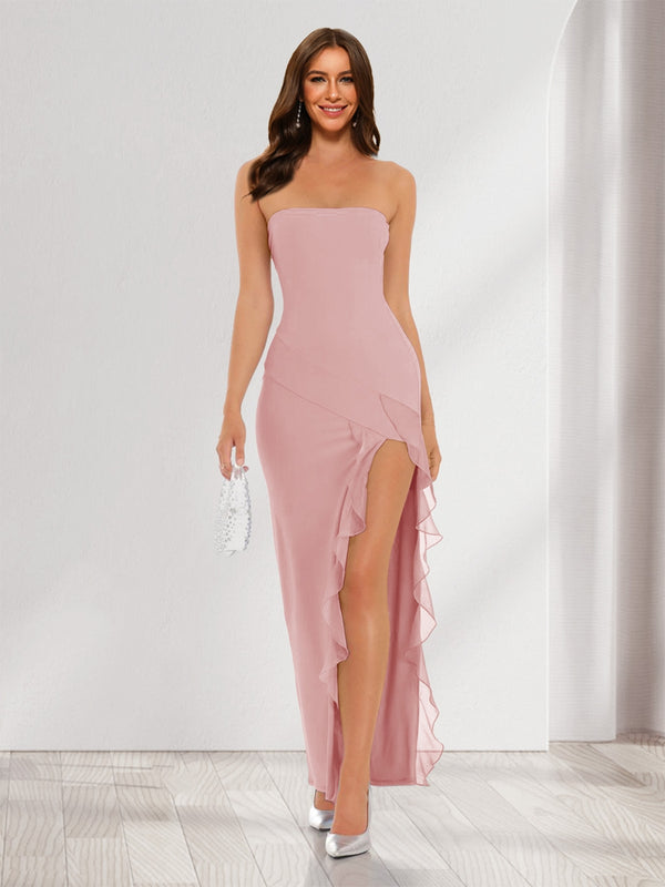 Sheath/Column Strapless Ruffle Slit Maxi Dresses Long Bridesmaid Dresses
