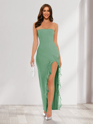 Sheath/Column Strapless Ruffle Slit Maxi Dresses Long Bridesmaid Dresses