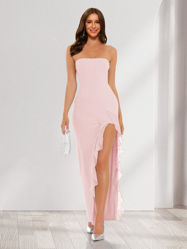 Sheath/Column Strapless Ruffle Slit Maxi Dresses Long Bridesmaid Dresses