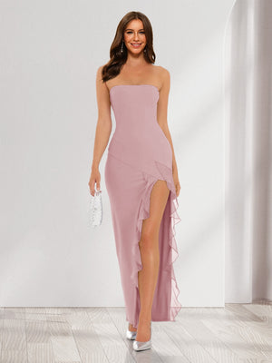 Sheath/Column Strapless Ruffle Slit Maxi Dresses Long Bridesmaid Dresses