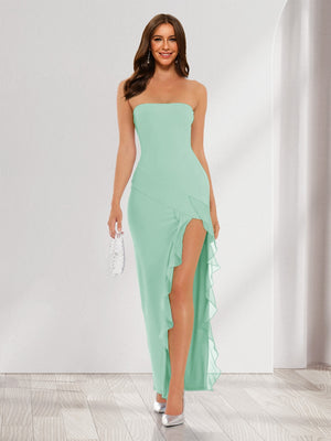 Sheath/Column Strapless Ruffle Slit Maxi Dresses Long Bridesmaid Dresses