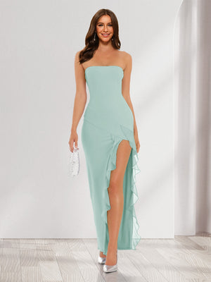 Sheath/Column Strapless Ruffle Slit Maxi Dresses Long Bridesmaid Dresses