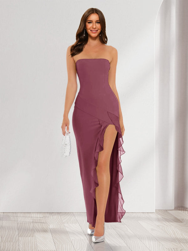 Sheath/Column Strapless Ruffle Slit Maxi Dresses Long Bridesmaid Dresses
