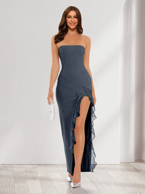 Sheath/Column Strapless Ruffle Slit Maxi Dresses Long Bridesmaid Dresses