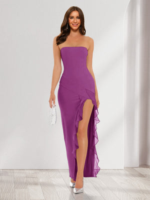 Sheath/Column Strapless Ruffle Slit Maxi Dresses Long Bridesmaid Dresses