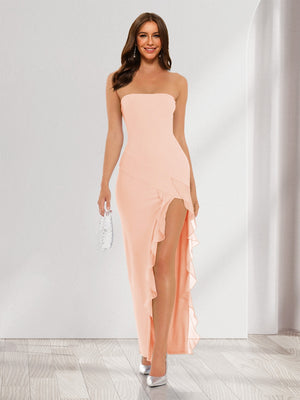 Sheath/Column Strapless Ruffle Slit Maxi Dresses Long Bridesmaid Dresses