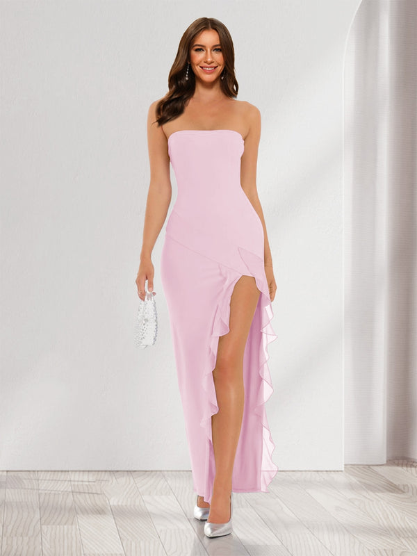 Sheath/Column Strapless Ruffle Slit Maxi Dresses Long Bridesmaid Dresses
