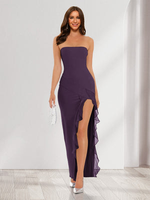 Sheath/Column Strapless Ruffle Slit Maxi Dresses Long Bridesmaid Dresses