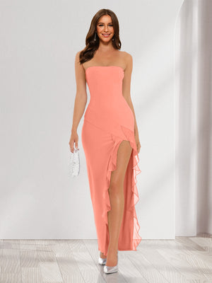 Sheath/Column Strapless Ruffle Slit Maxi Dresses Long Bridesmaid Dresses
