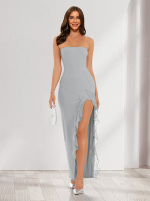 Sheath/Column Strapless Ruffle Slit Maxi Dresses Long Bridesmaid Dresses