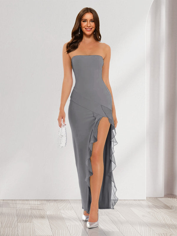 Sheath/Column Strapless Ruffle Slit Maxi Dresses Long Bridesmaid Dresses