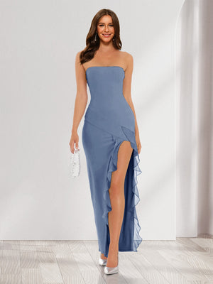 Sheath/Column Strapless Ruffle Slit Maxi Dresses Long Bridesmaid Dresses