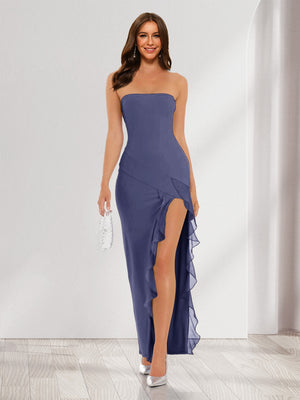Sheath/Column Strapless Ruffle Slit Maxi Dresses Long Bridesmaid Dresses