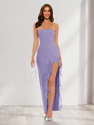 Sheath/Column Strapless Ruffle Slit Maxi Dresses Long Bridesmaid Dresses