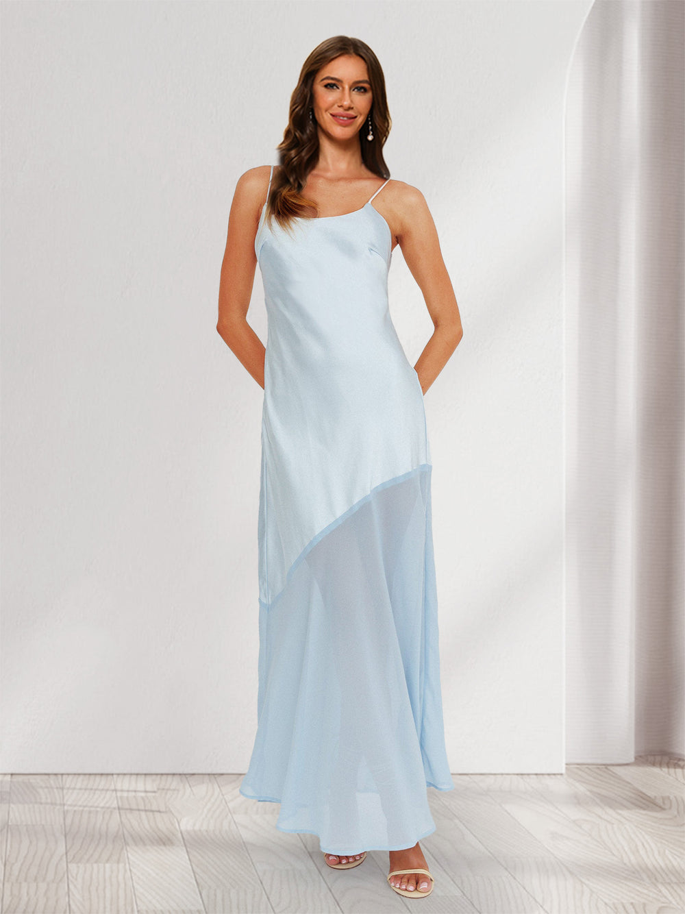 Sheath/Column Spaghetti Straps Fitted Maxi Dresses Long Bridesmaid Dresses with Chiffon Hem