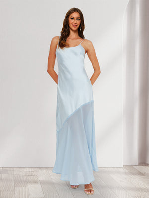 Sheath/Column Spaghetti Straps Fitted Maxi Dresses Long Bridesmaid Dresses with Chiffon Hem