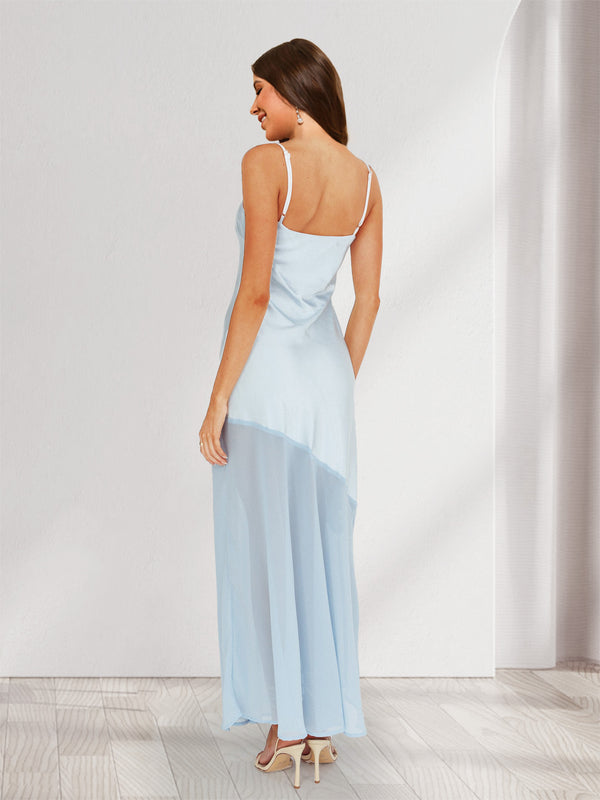 Sheath/Column Spaghetti Straps Fitted Maxi Dresses Long Bridesmaid Dresses with Chiffon Hem