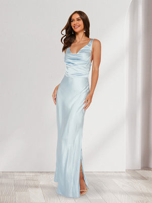 Sheath/Column Cow Neck Tie Back Maxi Dresses Long Bridesmaid Dresses with Slit