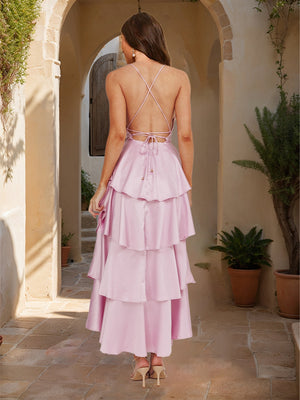 A-Line/Princess Plunging V-Neck Lace-Up Tieredd Ruffle Maxi Dress Long Prom Dresses