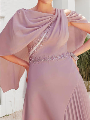 A-Line/Princess Asymmetrical Shoulder Beaded Mother of the Bride Dresses with Cape