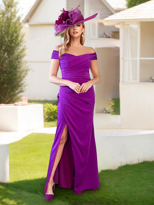 Sheath/Column Off-the-Shoulder Ruched Mother of the Bride Dresses with Slit