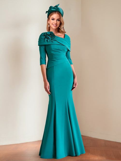 Trumpet/Mermaid Asymmetrical Half Sleeves Pleated Mother of the Bride Dresses with 3D Floral