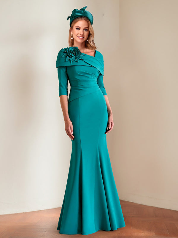 Trumpet/Mermaid Asymmetrical Half Sleeves Pleated Mother of the Bride Dresses with 3D Floral