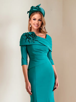 Trumpet/Mermaid Asymmetrical Half Sleeves Pleated Mother of the Bride Dresses with 3D Floral