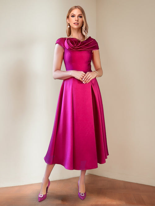 A-Line/Princess Scoop Neck Cap Sleeves Midi Dress Mother of the Bride Dresses with Floral